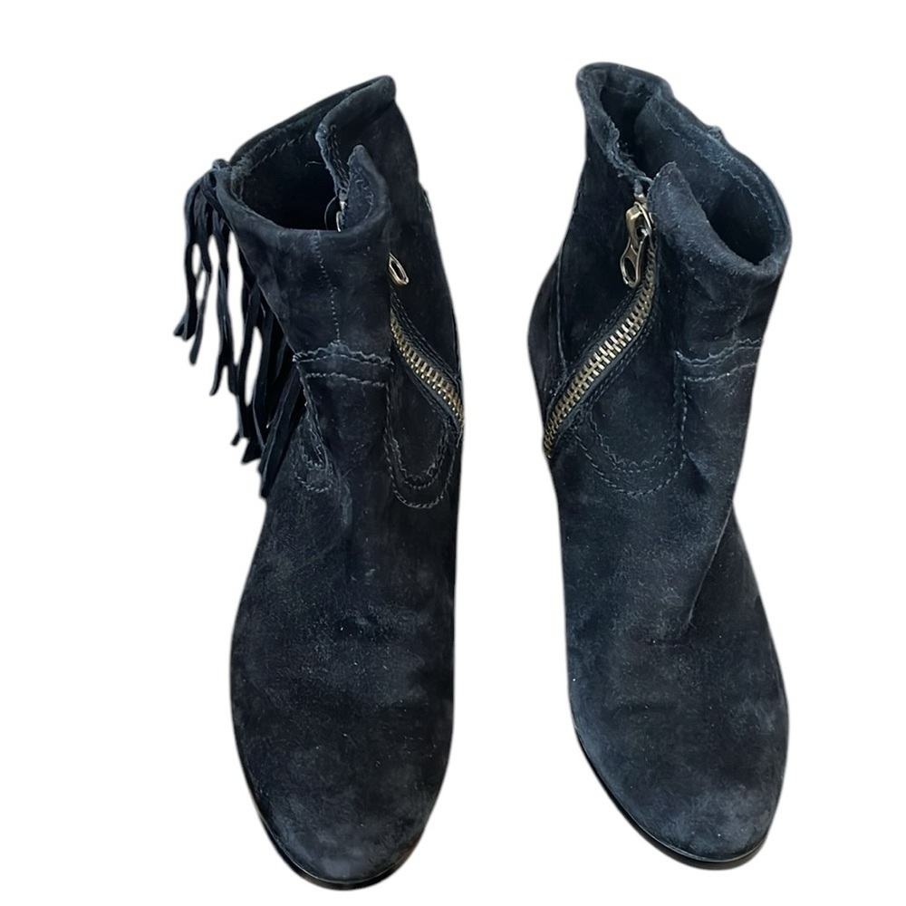 Sam Altman Louie Bootie Black Suede Fringe Ankle Side Zip Block Heel Size 8